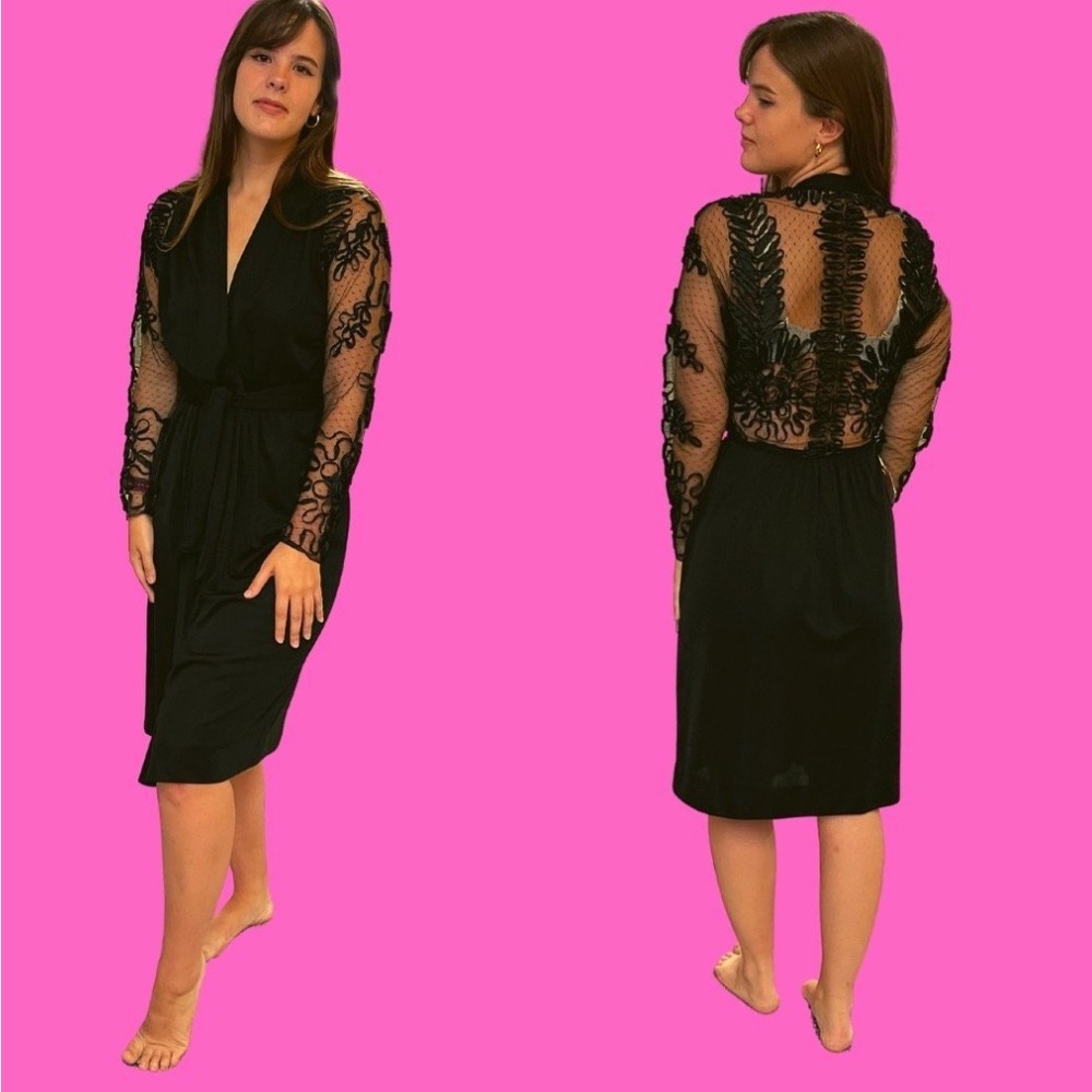 Size 12 Vintage Felix Arbeo Black Lace Sheer Panels Wrap Sheer Lace Back Dress